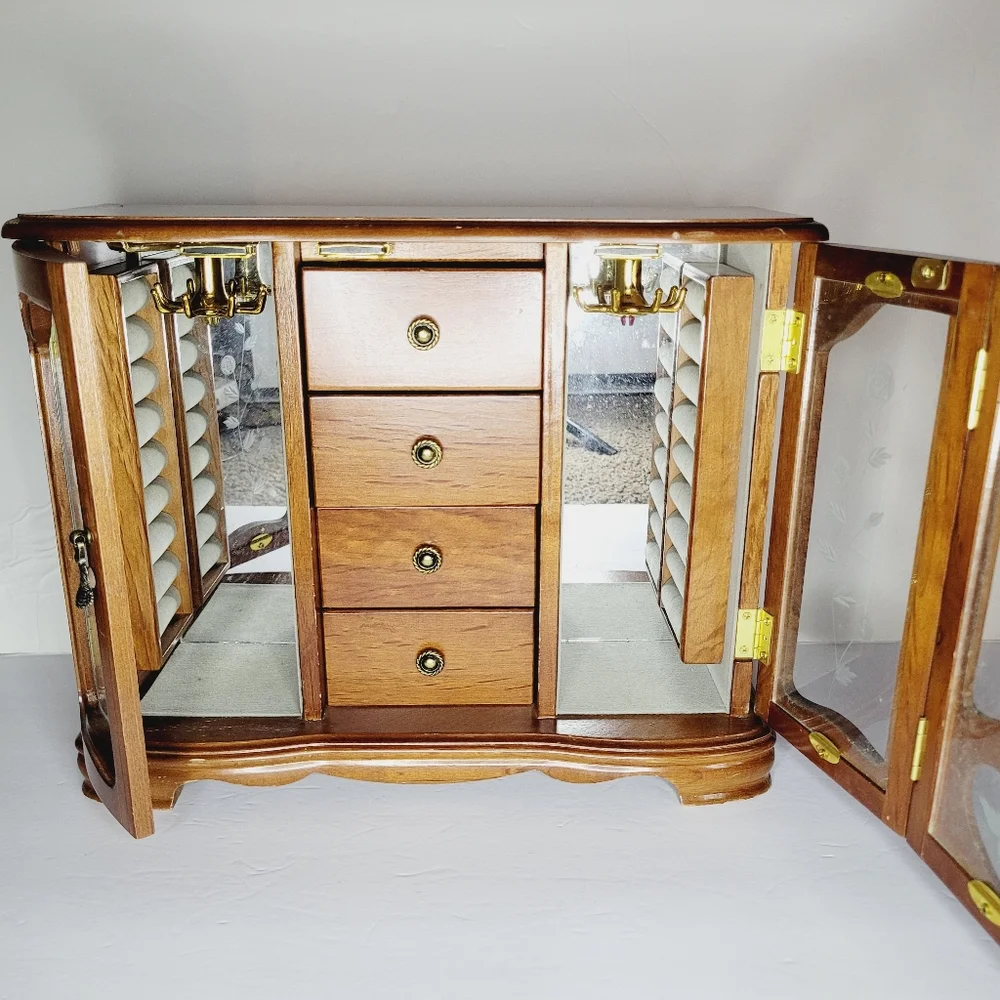 Vintage Wooden Jewelry Box Armoire Cabinet Etched Glass Doors Multiple Draws DIY